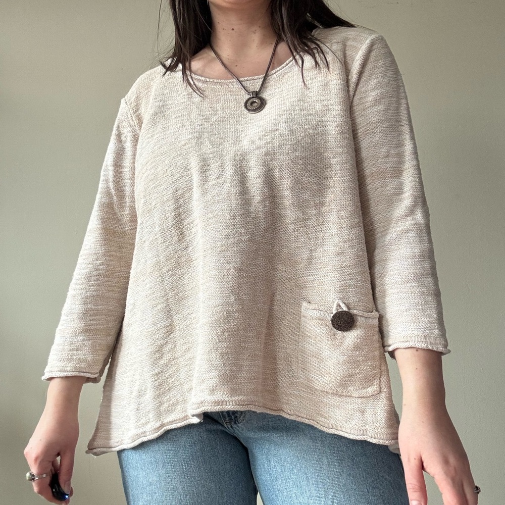 Vintage Neutral Cream Women's Knit Sweater with Pocket Detail